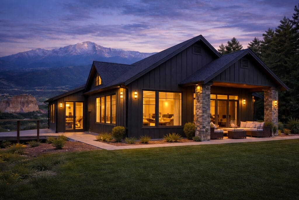 High-performance Colorado home at dusk with warm interior lighting, designed for energy efficiency and reduced hidden energy loss in cold mountain climates.