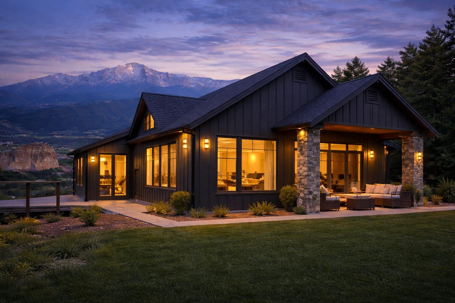 High-performance Colorado home at dusk with warm interior lighting, designed for energy efficiency and reduced hidden energy loss in cold mountain climates.