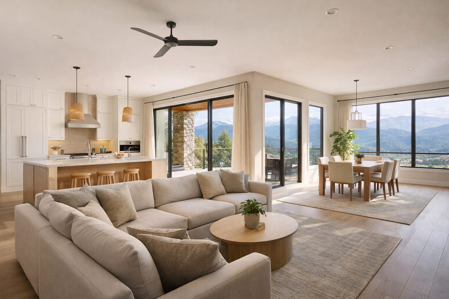 Sunlit high-performance Colorado home interior with large windows and mountain views, designed using Passive House principles for resilience during power outages and heatwaves.